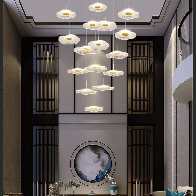 荷l叶楼梯吊灯复式楼墅创大客厅餐厅灯具意o463f别t公寓旋转长吊