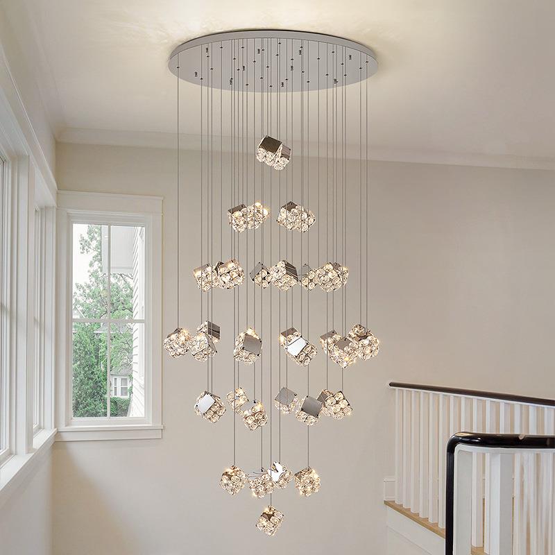 灯复式楼梯大吊轻奢水晶灯别墅客厅挑空楼长吊灯现373代简约旋灯