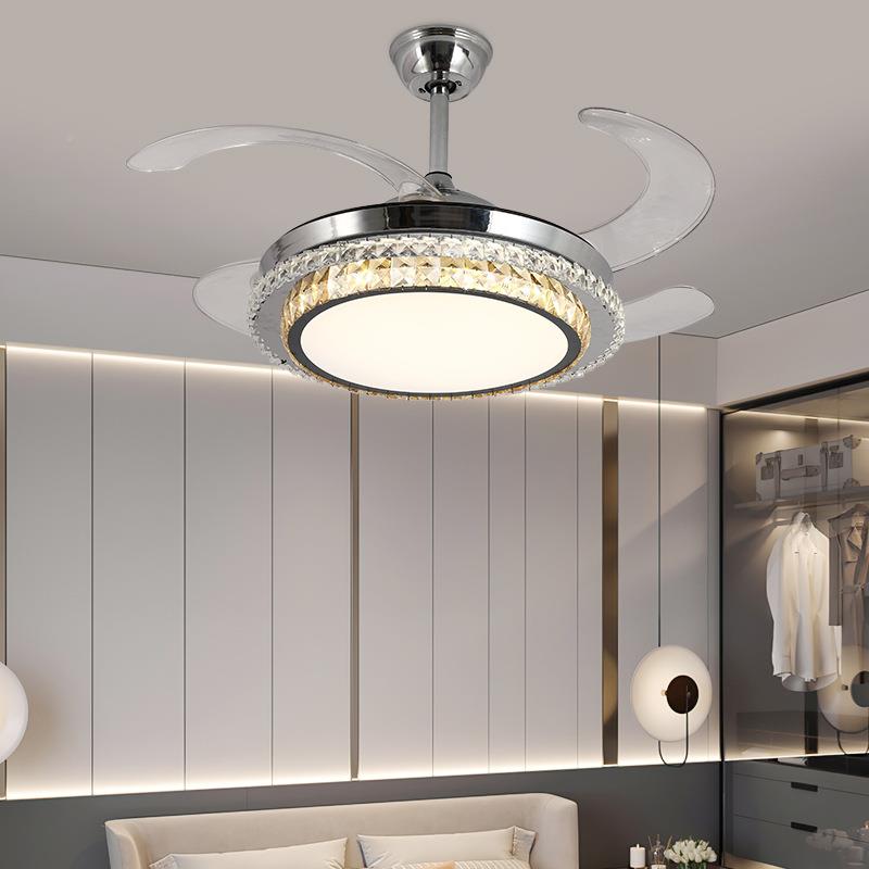 新款欧轻式水晶卧室风扇灯隐扇形餐厅客家用奢吊灯简约电扇115灯