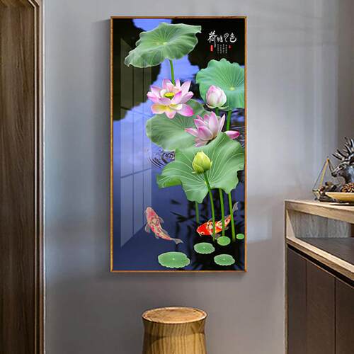 新中式轻奢挂图画竖版玄关墙装饰过画荷花鱼锦鲤鱼壁画走廊道74壁