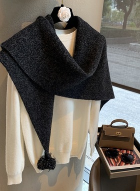 2025时尚百搭披肩细针重磅可露丽毛球三角巾100%羊毛围巾加厚保暖