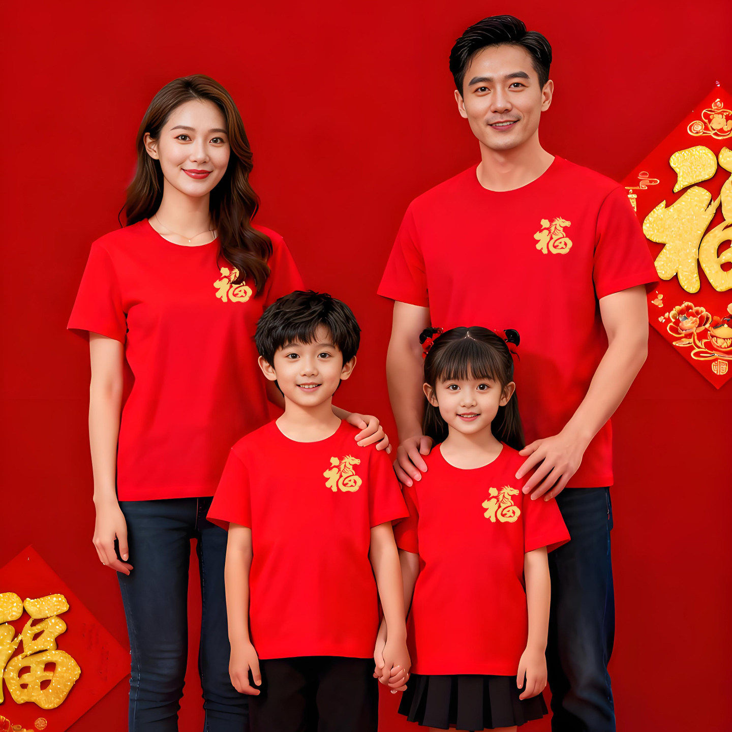 2026马年亲子装短袖T恤新年衣服春节本命年大红色全家福一家四口