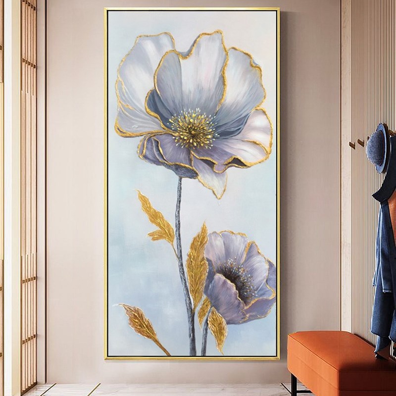 手绘油画花卉玄关画轻奢牡丹花现代高档北欧N风挂画走廊过道装饰图片