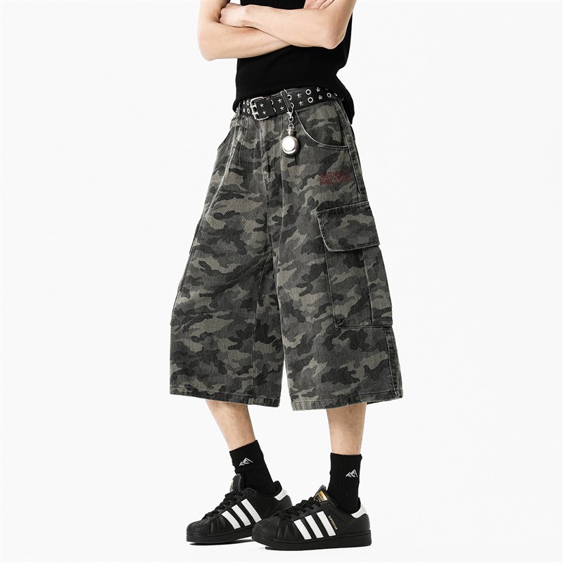 大口袋迷彩牛仔七分裤男夏季高腰阔腿裤美式高街显瘦过膝工装裤子