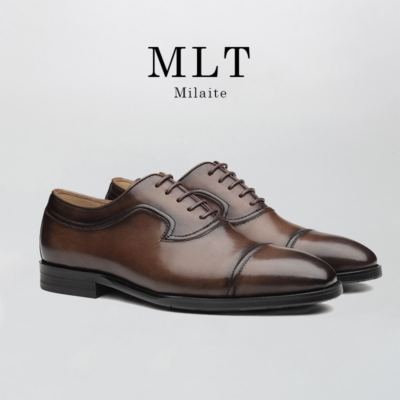 高端内缝线男士正装商务三接头牛津鞋尖头手工擦灰色皮鞋里外牛皮