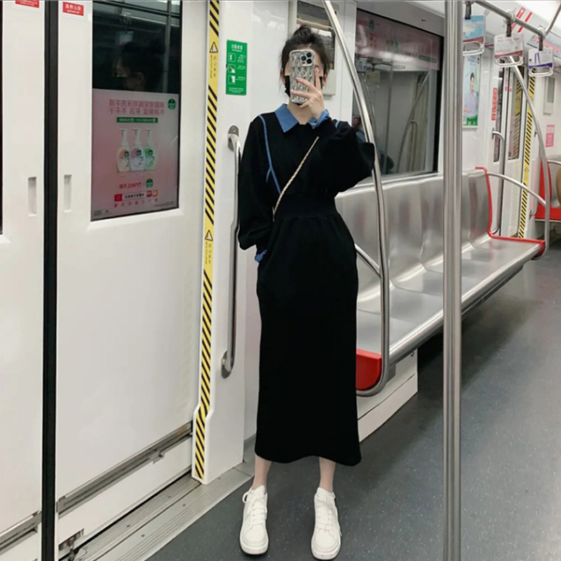 高级感卫衣裙春秋季2023新款法B式气质减龄显瘦开叉洋装内搭外穿
