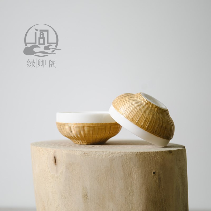 竹丝扣瓷茶具小茶杯功夫杯主人杯立体竹丝编非遗手工艺竹编礼物