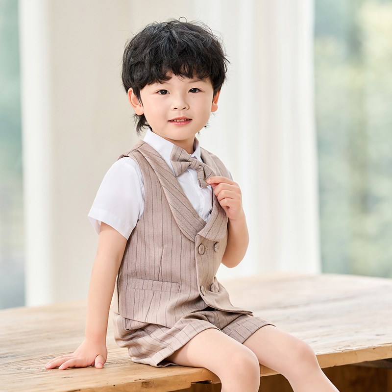 男童礼服春夏条纹马甲西装短袖背带裤套装儿童六一钢琴主持演出服