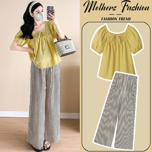 夏季 甜美减龄上衣裤 时尚 2025新款 子两件套女 黄色方领短袖 孕妇套装