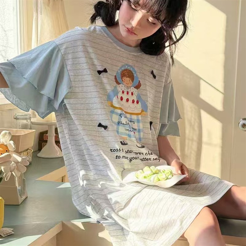 夏季条纹蛋糕条纹睡裙女花边纯棉薄款宽松大码可爱日系家居服睡衣