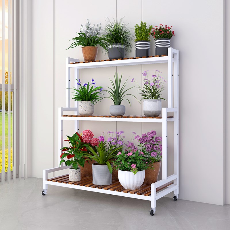 2024新款花架置物架阳台客厅落地式花盆铁艺实木阶梯带轮移动多层