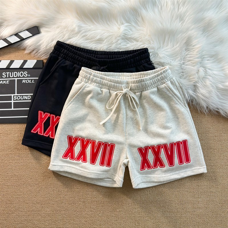 重磅300克毛圈布pu皮质字母刺绣美式运动短裤男篮球裤宽松四分裤