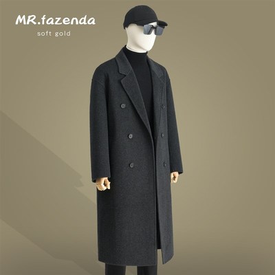 秋冬季双面绵羊绒大衣男长款过膝双排扣宽松韩版羊毛呢子风衣外套