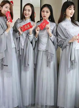 浅灰色姐妹服伴娘团伴娘披肩纱婚C纱春秋冬季冬天晚礼服伴手礼旗