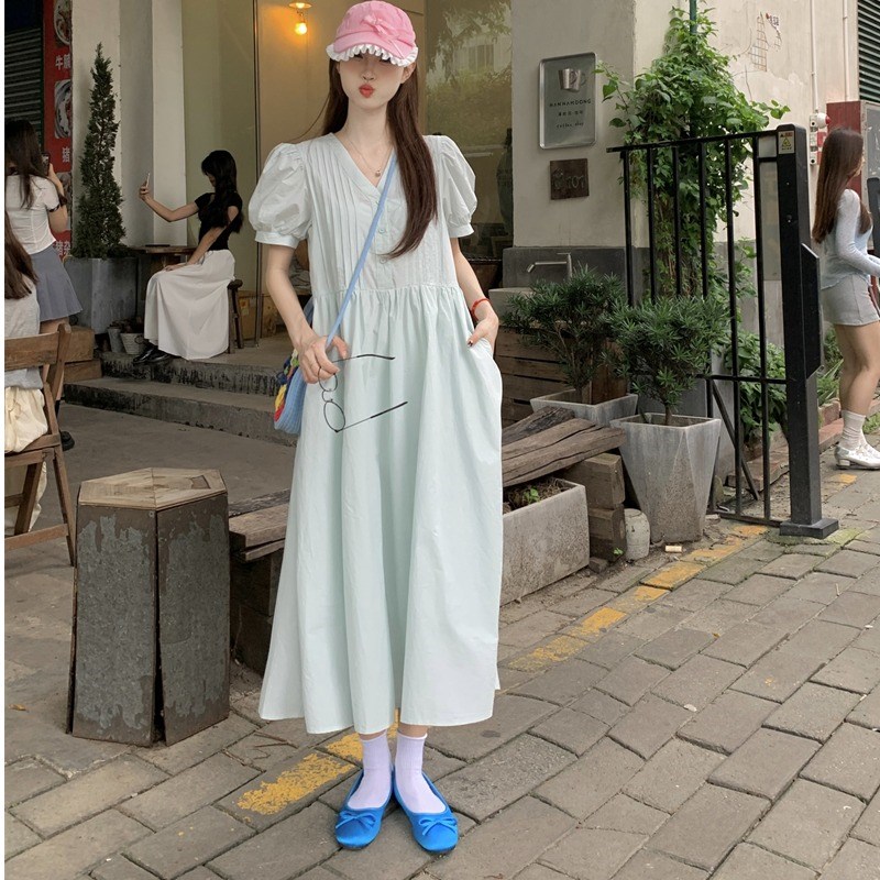 微胖妹妹mdm甜美大码女装夏季宽松感显瘦风琴褶V领短袖气质连衣裙