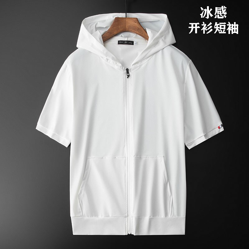 夏装短袖开衫卫衣男连帽拉链潮牌大码半袖男t恤冰丝帽服加肥加大