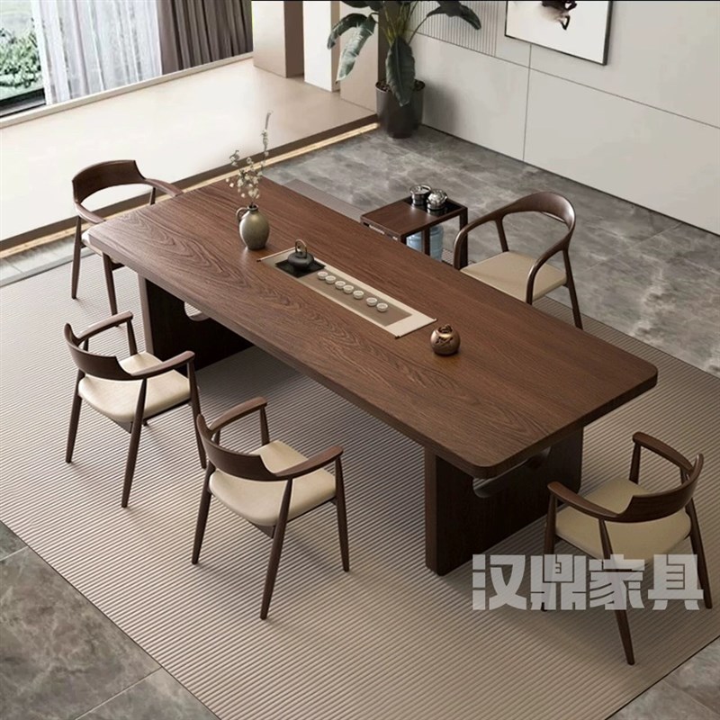 新中式实木茶桌轻奢简约阳台家用原木大板茶台办公室会客泡茶桌椅