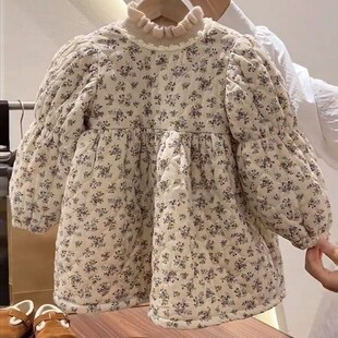 儿童宝宝复古甜美公主风连衣 秋冬季 女童装 夹棉加厚韩版 t碎花长袖