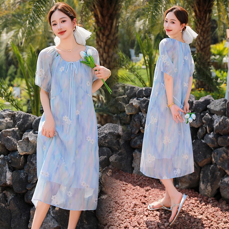 孕妇装夏装2025新款连衣裙韩版时尚孕期短袖雪纺裙遮肚裙可收腰