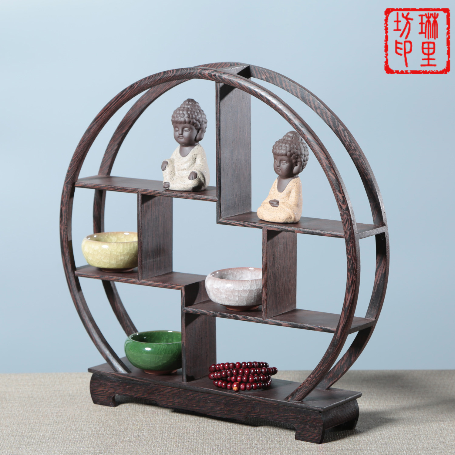 圆形实木博古架鸡翅木 多宝阁中式文玩展示架木质工艺品木雕摆件