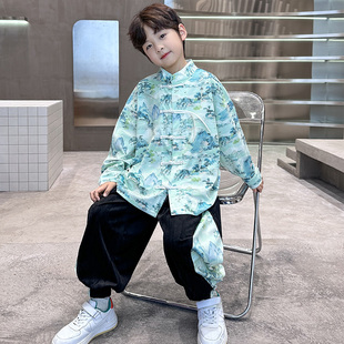 男孩國風T春裝 男童漢服套裝 兒童新中式 2024新款 寶寶表演唐 e春秋款