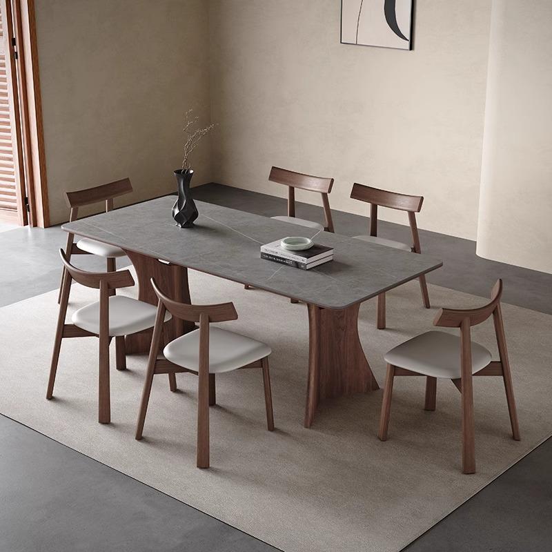胡桃灰色饭桌哑光岩板餐桌家用长方形意式极简小户型实木餐桌椅
