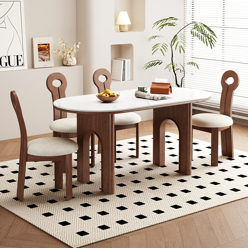 高端中古风岩板餐桌小户型复古长方形实木餐桌别墅会所餐厅西餐桌