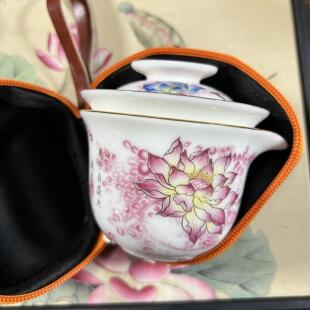 秀色荷花粉色女士便携旅行套组茶具