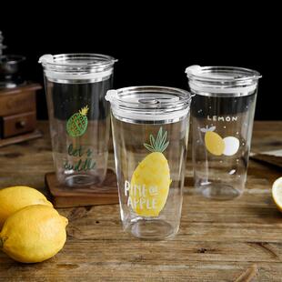 凉小词带盖大容量玻璃杯耐热高硼硅玻璃杯小清新可爱简约吸管杯