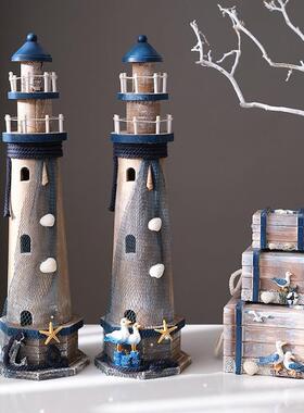 地中海风格灯塔木质做旧木塔海洋风组合灯塔摆件桌面复古装饰摆设