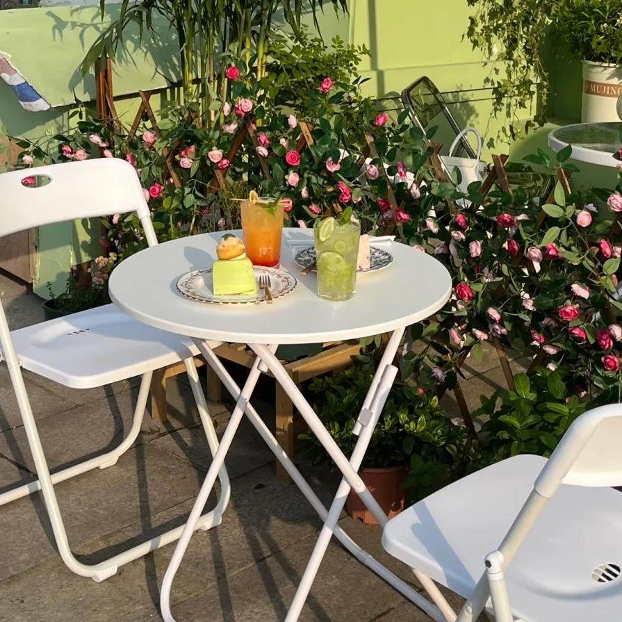 圆桌子简约折叠桌白色休闲洽谈桌咖啡奶茶店北欧餐桌阳台小圆桌椅