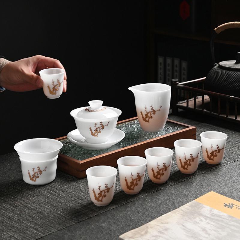 茶具礼品商务装冰种羊脂玉功夫茶具盖碗品茗杯全套公司logo文案