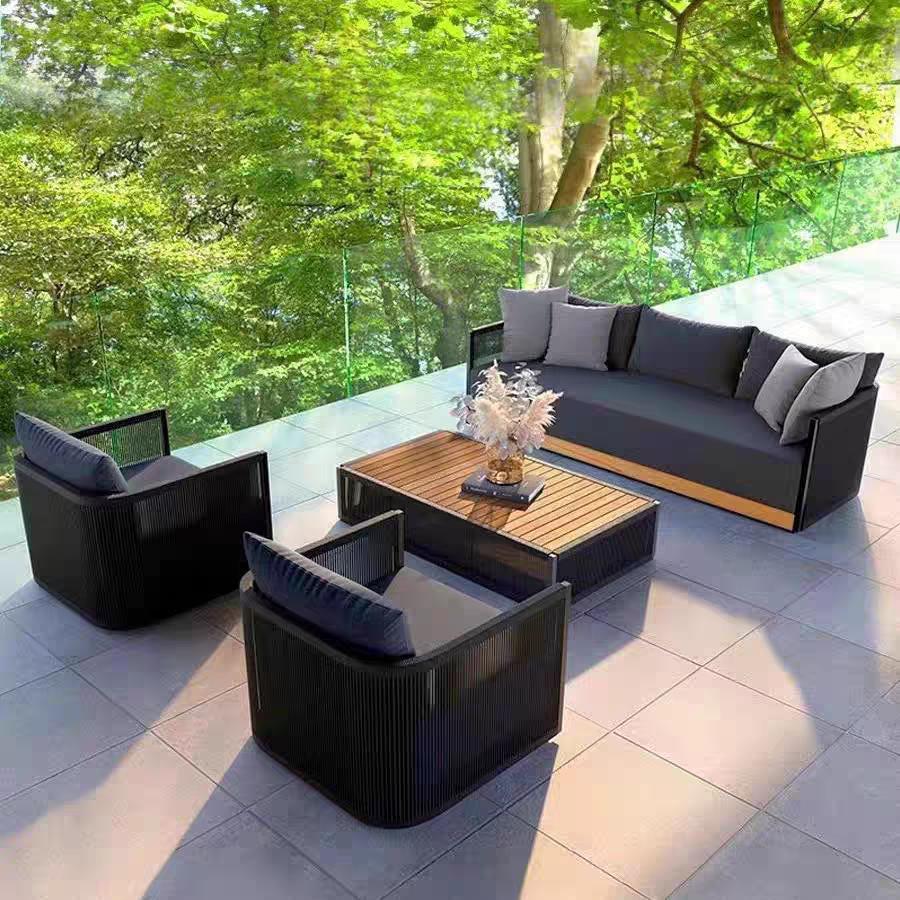 户外庭院藤编靠背沙发室外露天阳台休闲茶桌椅组合小茶几柚木沙发