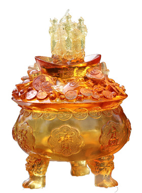 极速琉璃聚宝盆五路财神摆件居家客厅办公摆放中式礼品Z可开盖存