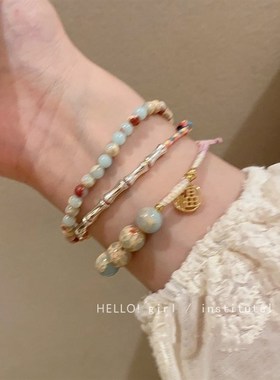 极速五彩绳寿山石串珠手链女款情侣E闺蜜复古竹节手串手工编织叠