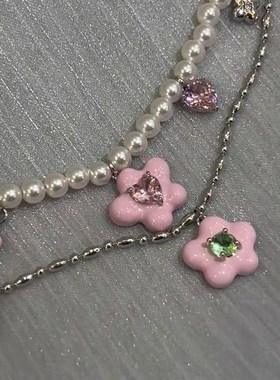 极速Ladyamor 奶油花朵系列珍珠钻石清新吊坠耳钉银项.链锁骨链组