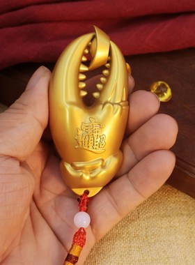 极速手中有钱手把件黄铜招财手里有钳螃蟹钳手上有钱黄.铜摆件把