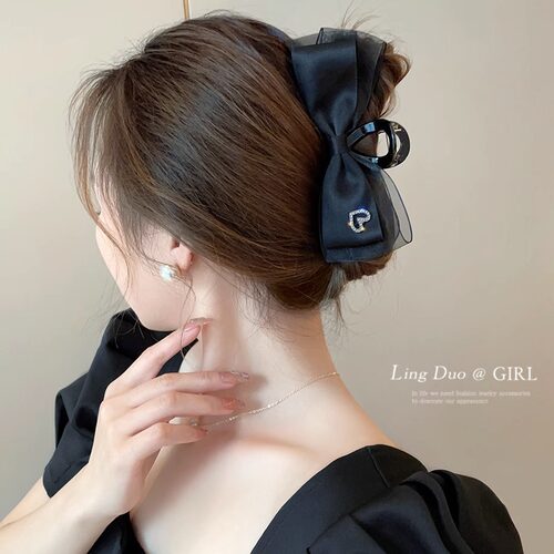 新品黑色双面蝴蝶结大号抓夹女网纱爱心发I夹后脑勺头饰网红2023