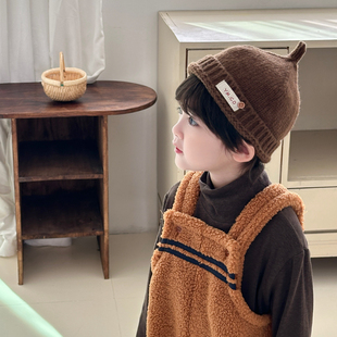 洋气好看宝宝帽子秋冬男童女孩奶嘴帽棉内衬儿童针织帽地主瓜皮帽