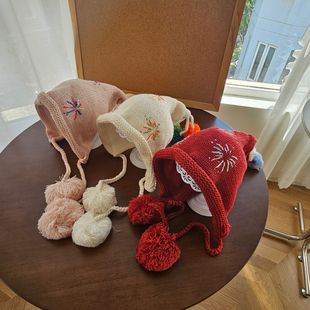 秋冬儿童帽子女孩毛线帽纯棉内衬女童宝宝针织帽子手工钩花护耳帽