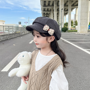 秋冬季 洋气儿童八角韩国女童帽子鸭舌贝雷帽女孩毛呢画家帽中大童