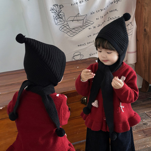 宝宝帽子围巾一体时髦洋气男童女孩护耳帽儿童针织毛线帽尖尖帽