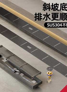 【带排水坡度】电镀枪灰色长条竹排地漏防臭304不锈钢淋浴房地漏