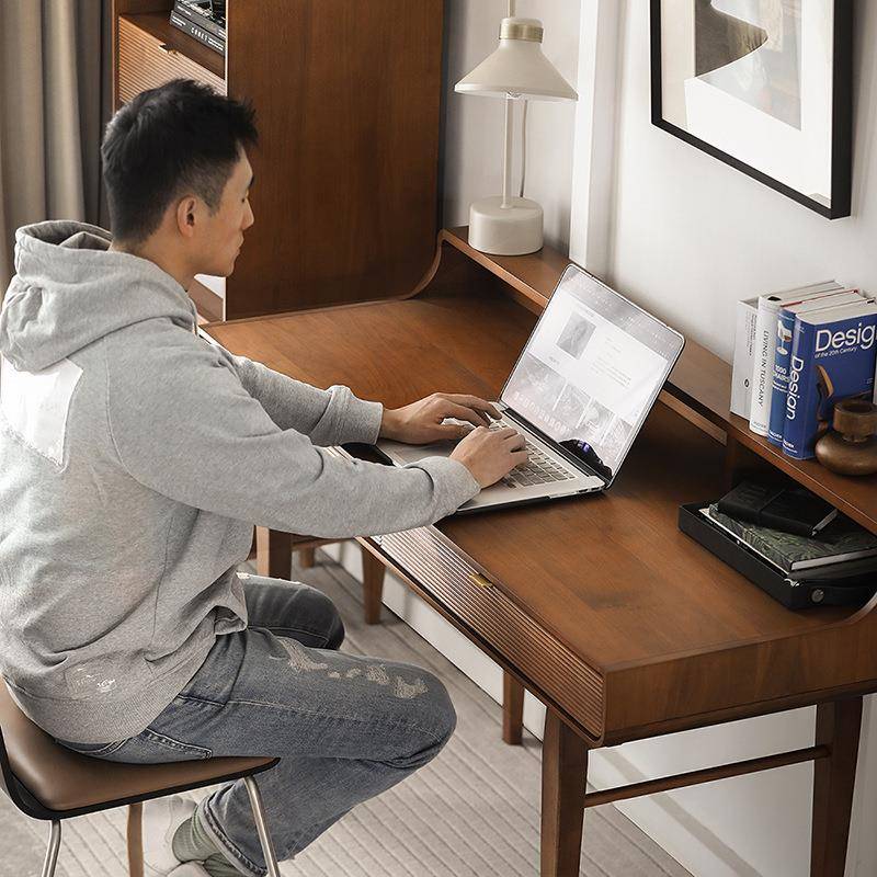 北欧表情书桌书架一体樱桃木实木转角黑色橡木复古写字台现代简约