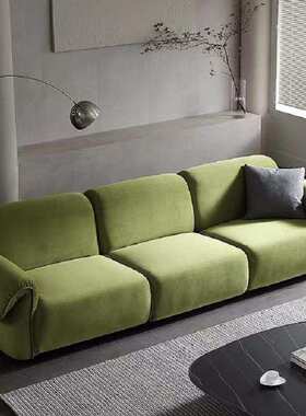 意式极简布艺Natuzzi lcon客厅沙发网红直排三人侘寂风墨绿色沙发