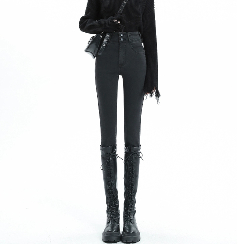 牛仔裤女修身九分提臀弹力小脚裤新款黑灰双扣高腰靴裤紧身铅笔裤