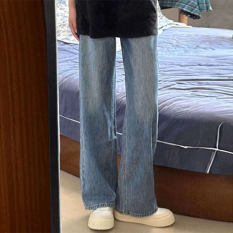 加绒直筒牛仔裤女秋冬新款加厚宽松复古高腰梨形小个子显瘦阔腿裤