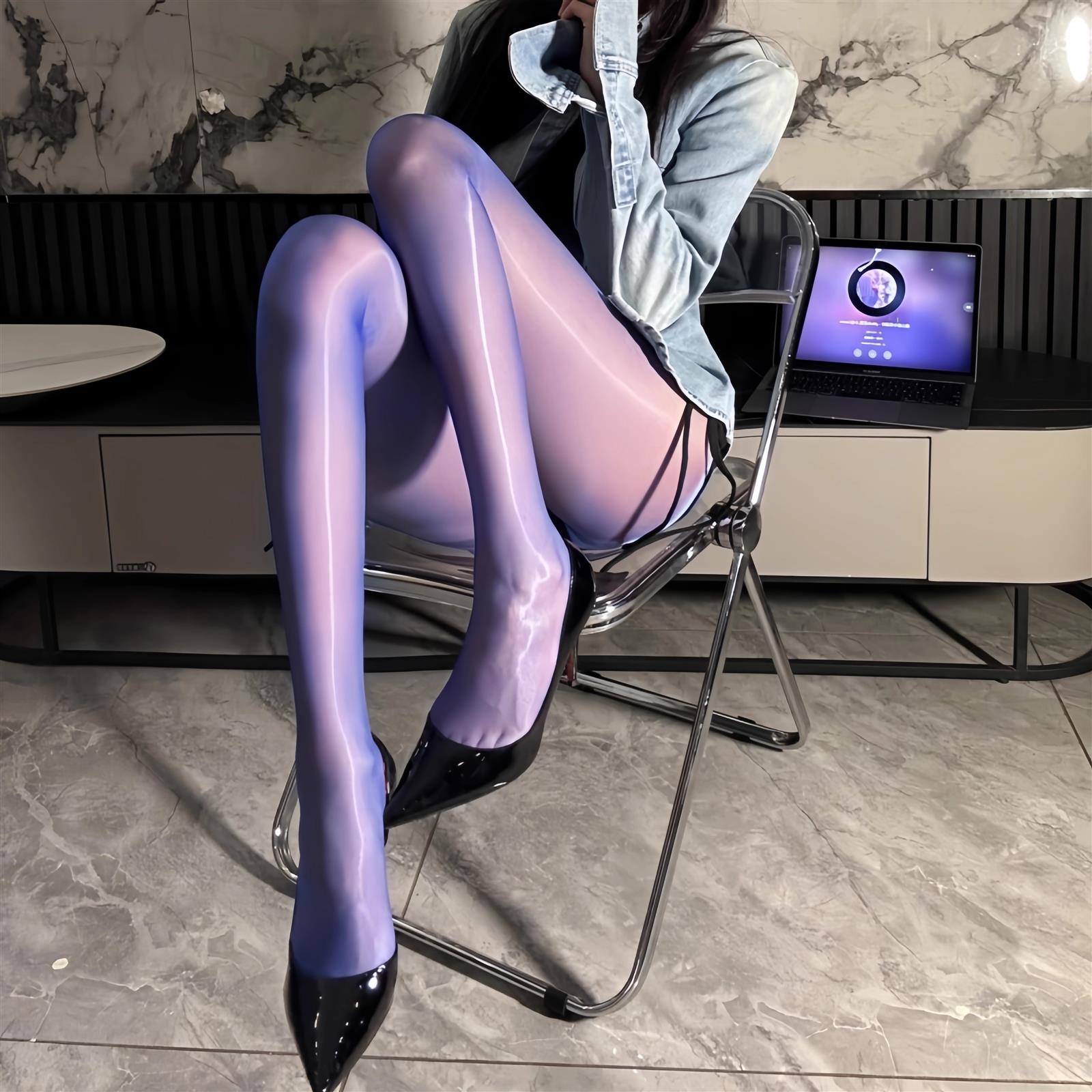 日本性感极光连裤袜紫色油亮丝袜一线裆防勾丝黑丝马油袜超薄款女