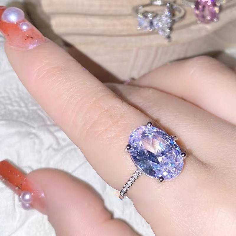 轻奢冰花爆闪戒指女小众夸张设计百搭椭圆形鸽子蛋开口浅紫钻戒