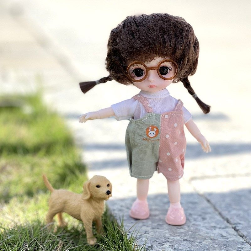 17厘米洋娃娃玩具女孩短发13关节娃娃送换装时尚眼镜贺卡节日礼物